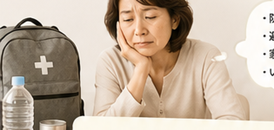 防災用品を前に、何から始めるか迷っている女性のイメージ