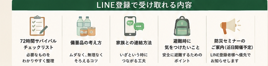 LINE登録で受け取れる防災情報の一覧イメージ